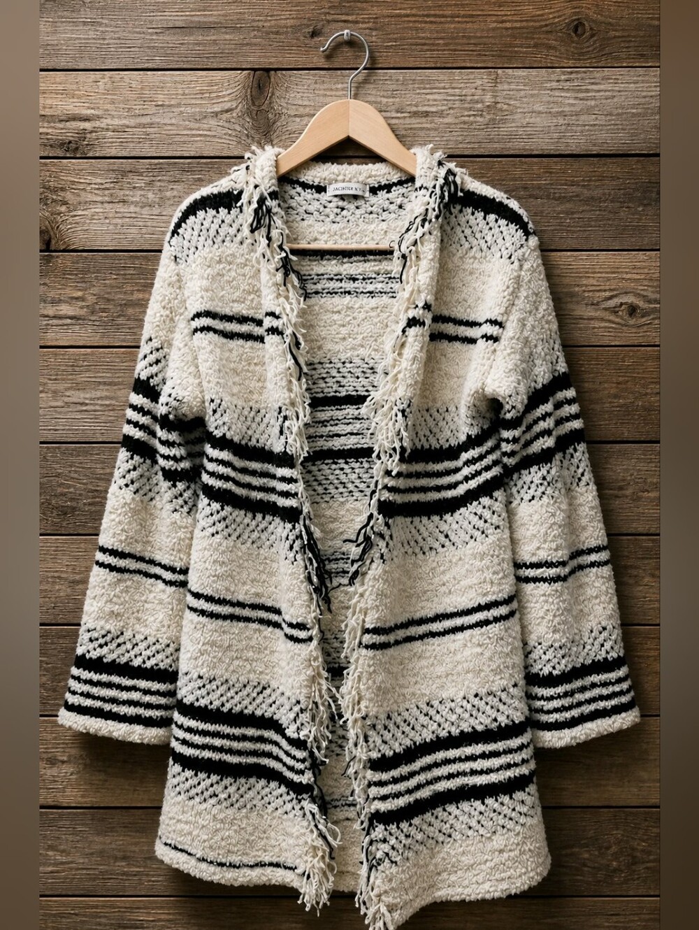 ANDTHEWHY L.A. Cozy Softest Open-Front Fringe Cardigan Sweater - Cream & Black